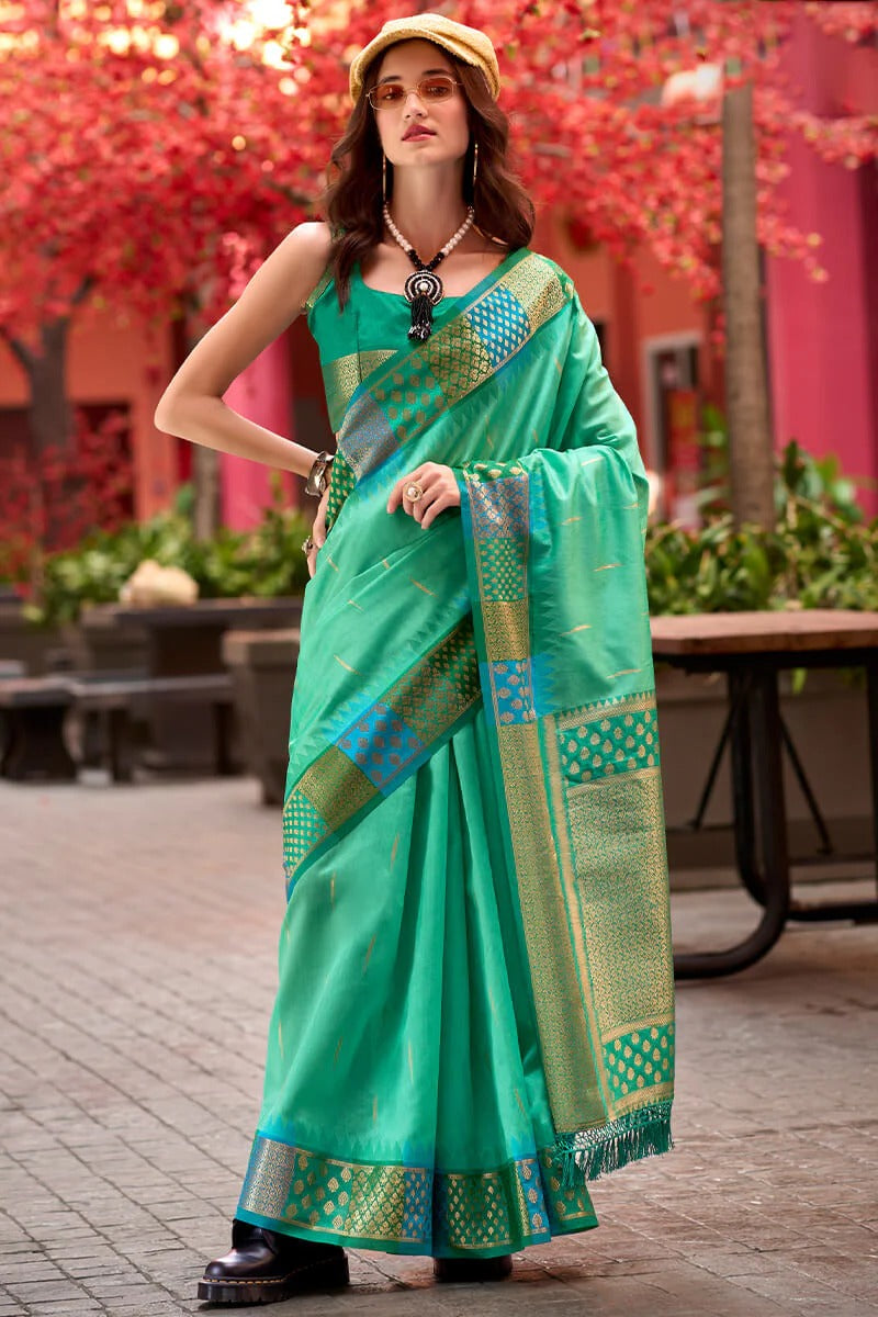 Rangoli Tidepool Green Pure Soft  Banarasi Silk Weaving Saree
