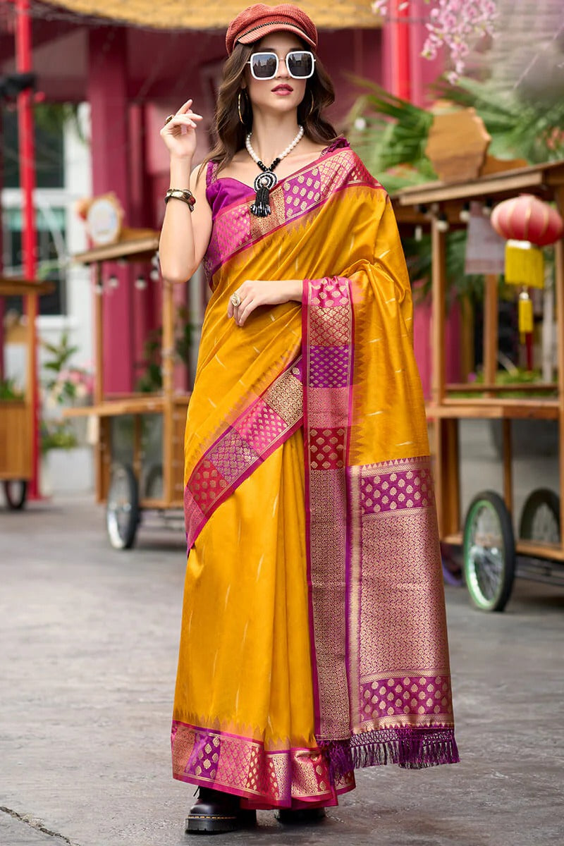 Rangoli Sunburst Yellow Pure Soft  Banarasi Silk Weaving Saree