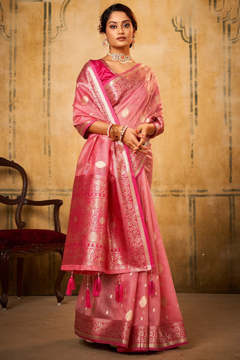 Petals Pink Banarasi Tissue Silk Weaving Saree