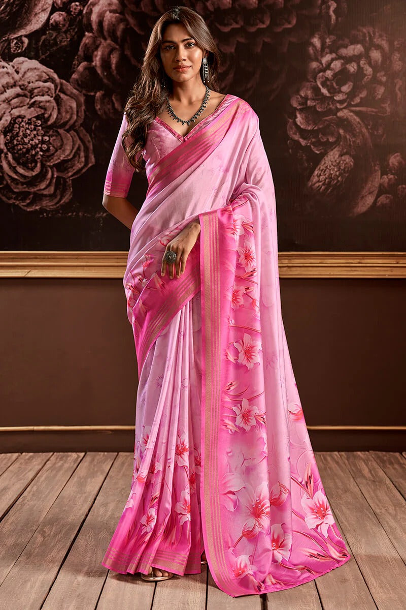 Gangotri Peachy Pink Soft Handloom Silk Floral Printed Saree
