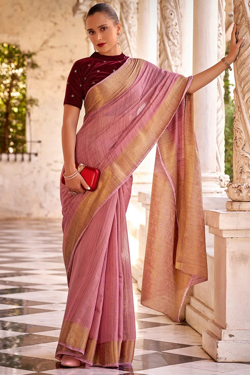 Rupa Candy Pink Tissue Linen Silk Woven Saree