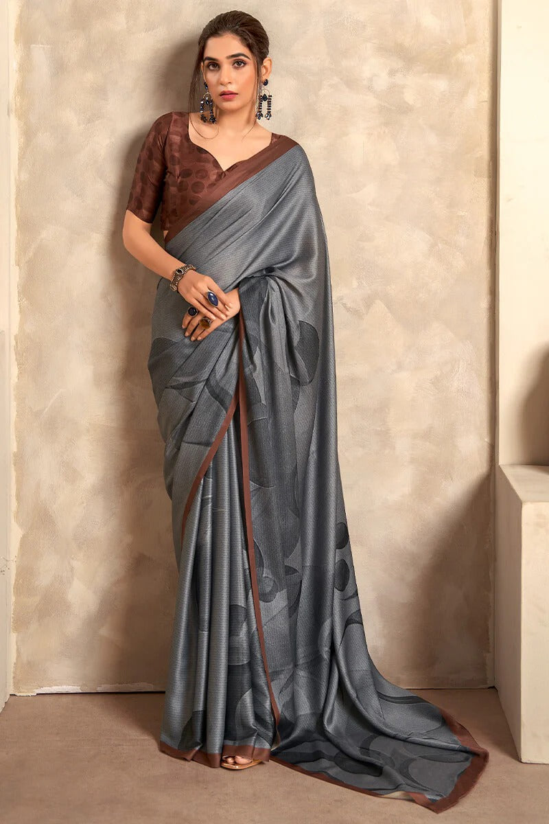 Jasmin Frost Slate Grey Soft Satin Silk Printed Saree