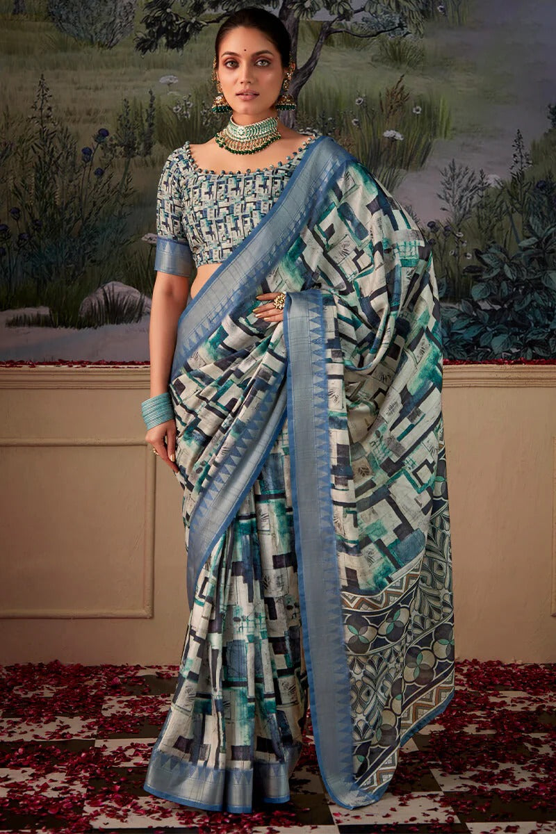 Shimoni Stormy Blue Tussar Silk Printed Saree