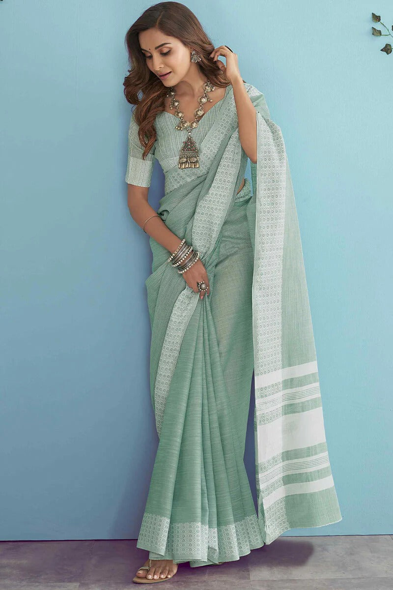 Aarzoo Grass Green Chikankari Linen Silk Weaved Saree