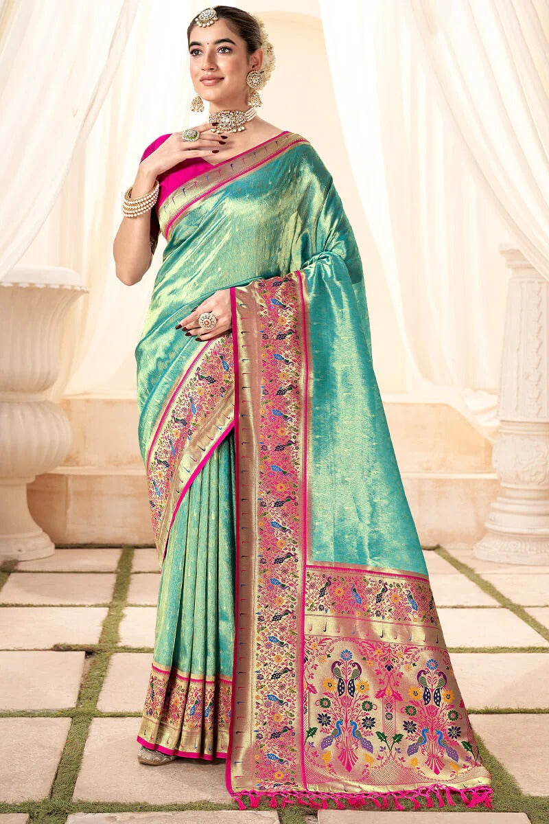Lavnya Spring Green Pure Paithani Tissue Silk Weaving Saree