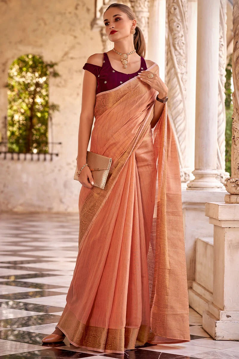 Rupa Sunbeam Orange Tissue Linen Silk Woven Saree
