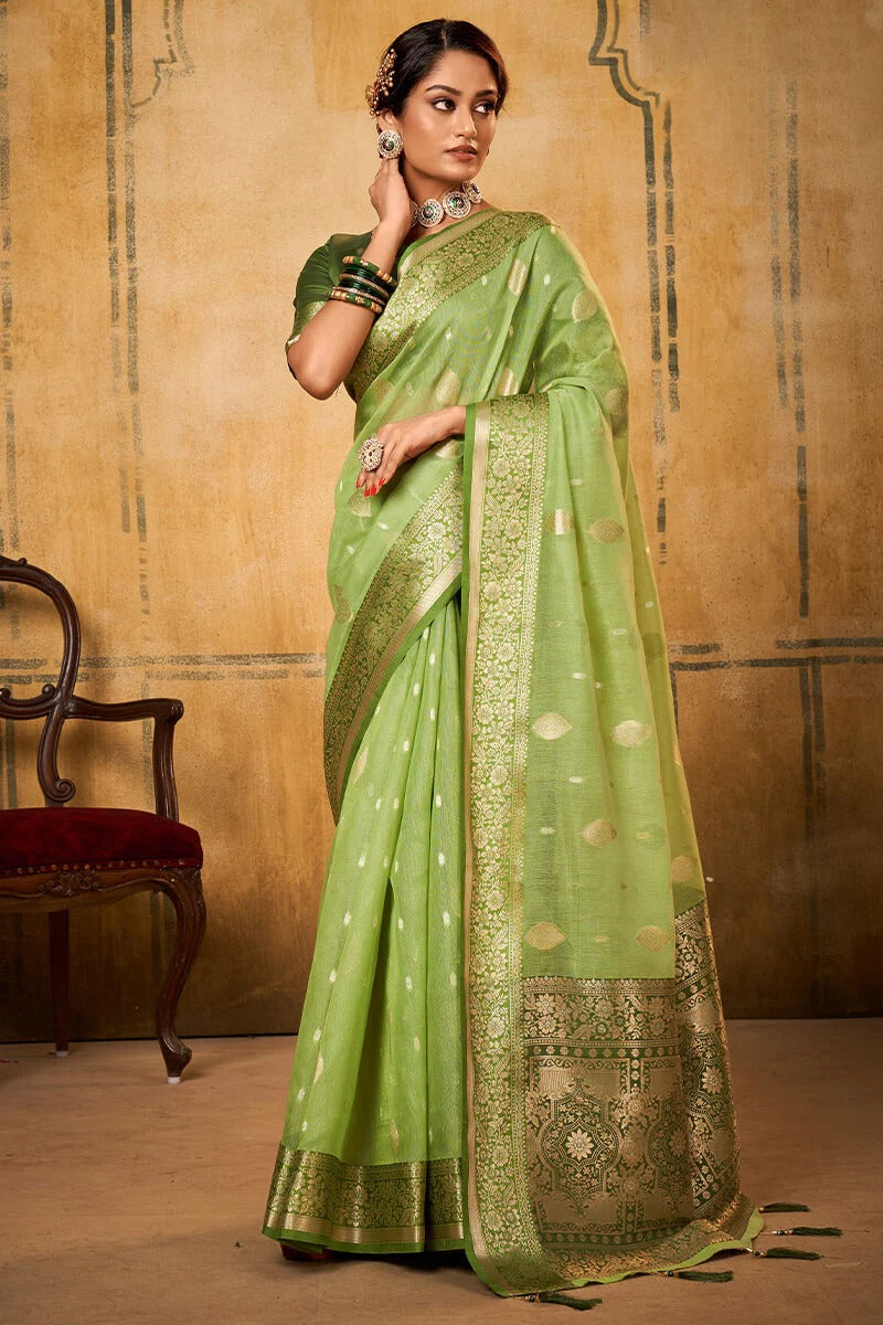 Petals Green Banarasi Tissue Silk Weaving Saree