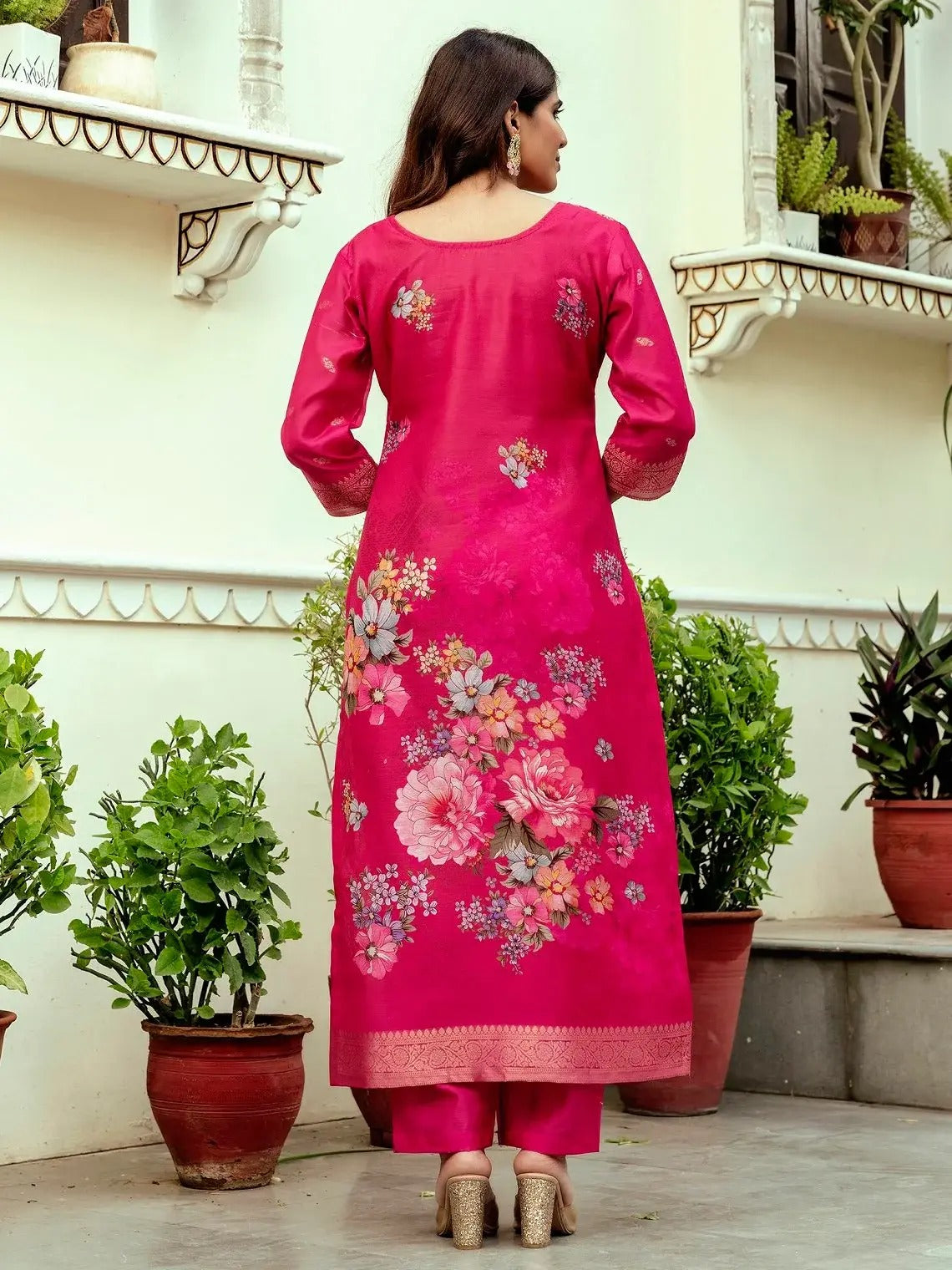 Scrupulous Hot Pink Viscose Chanderi Silk Zari Weaving Suit Set