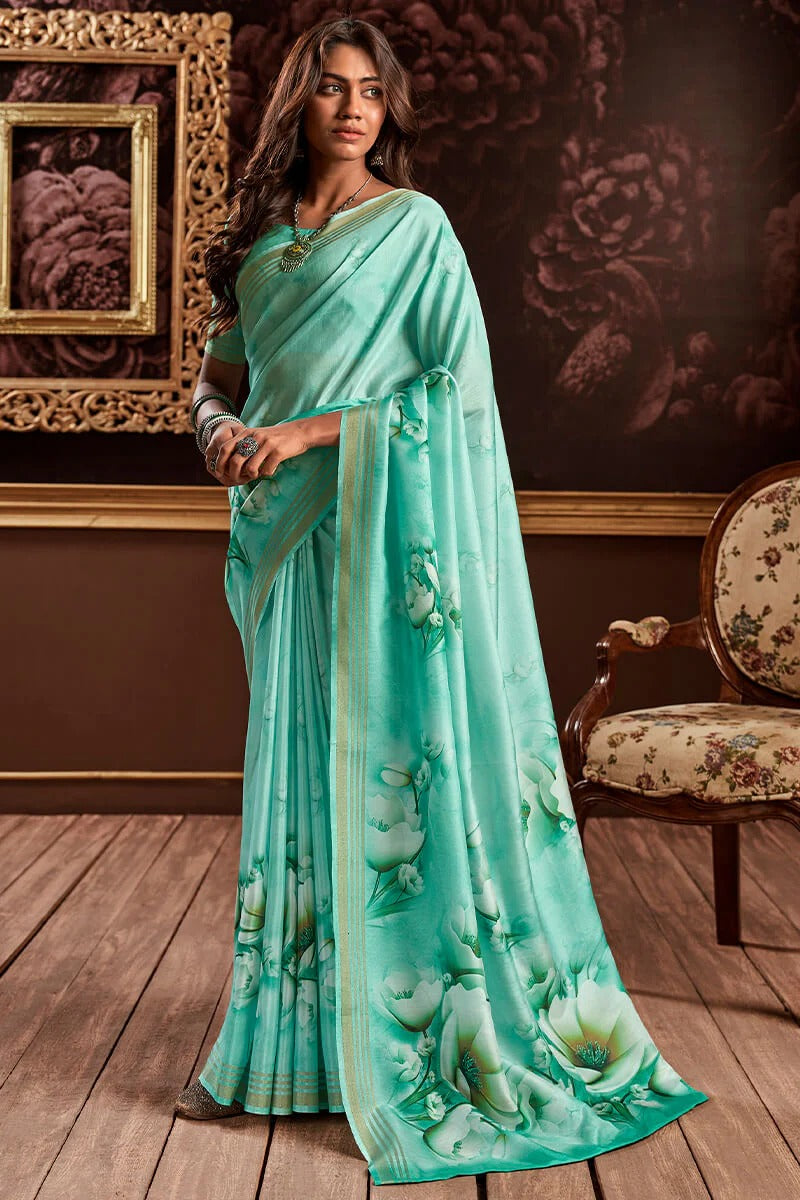 Gangotri Teal Green Soft Handloom Silk Floral Printed Saree