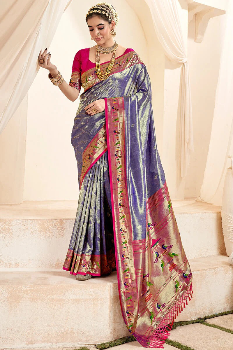 Mangalya Slat Blue Pure Paithani Tissue Silk Weaving Saree