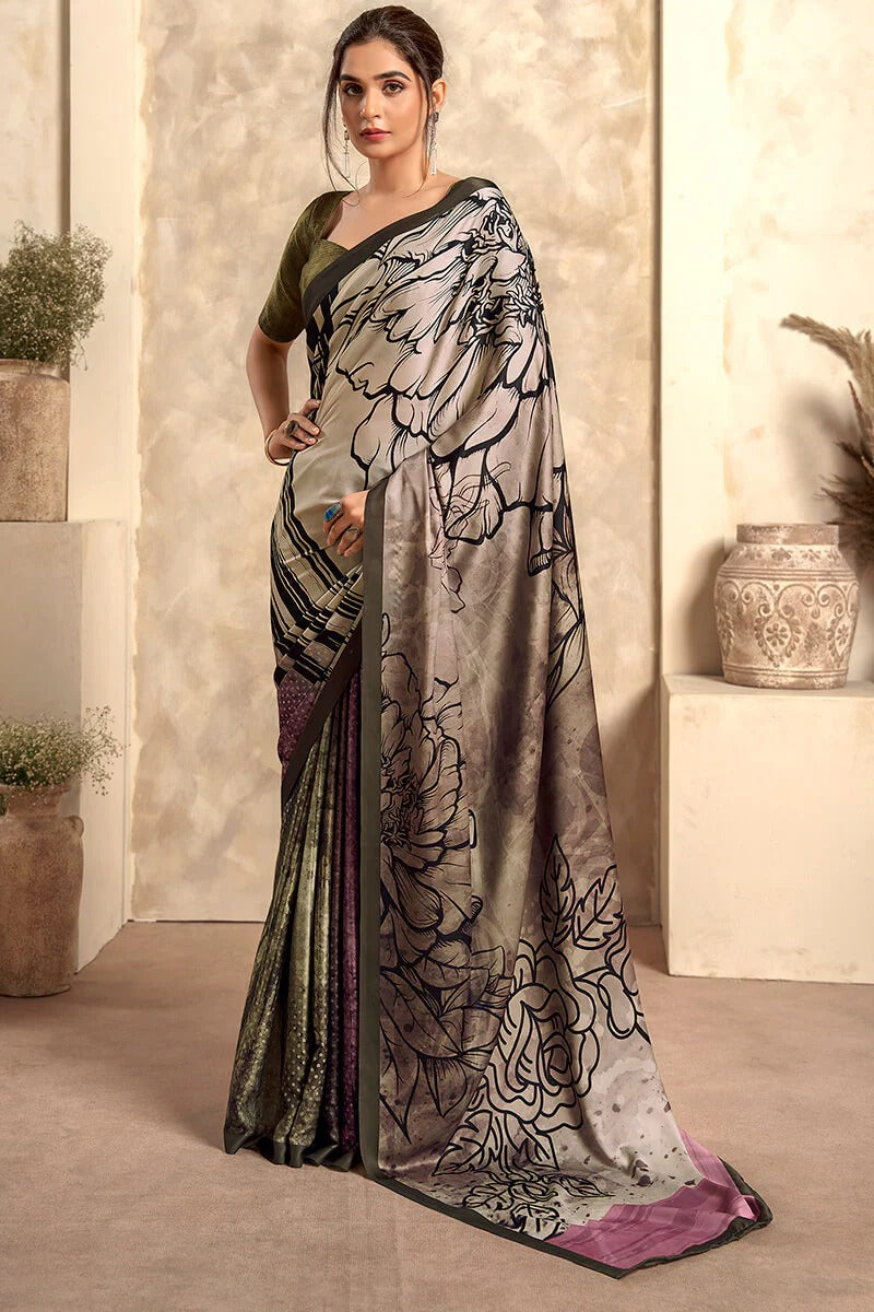 Winter Mocha Grey Soft Satin Silk Printed Saree