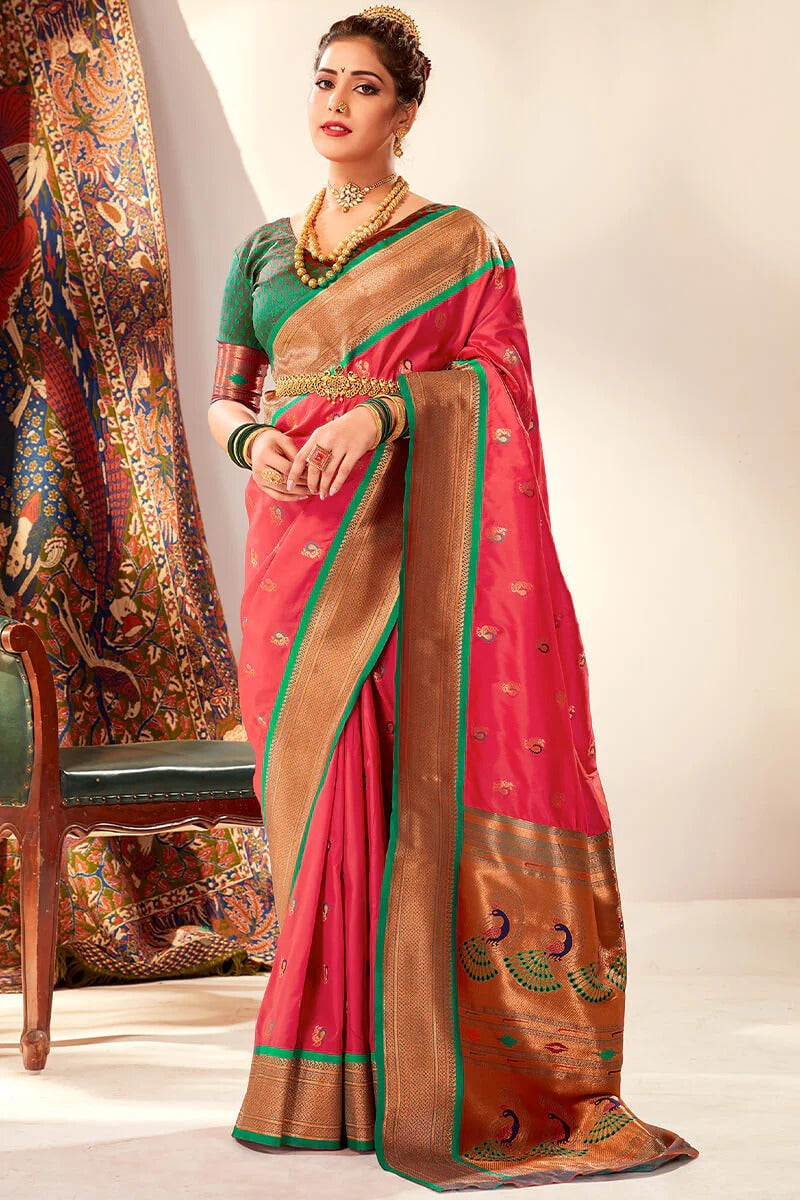 Apporva Citrus Pink Pure Soft Paithani Silk Weaving  Saree