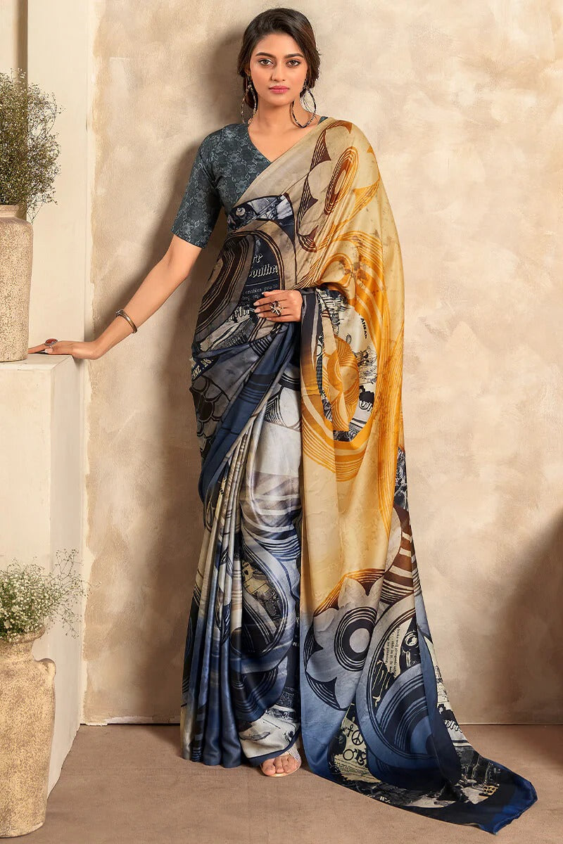 Jasmin Frost Yellow And Blue Soft Satin Silk Printed Saree