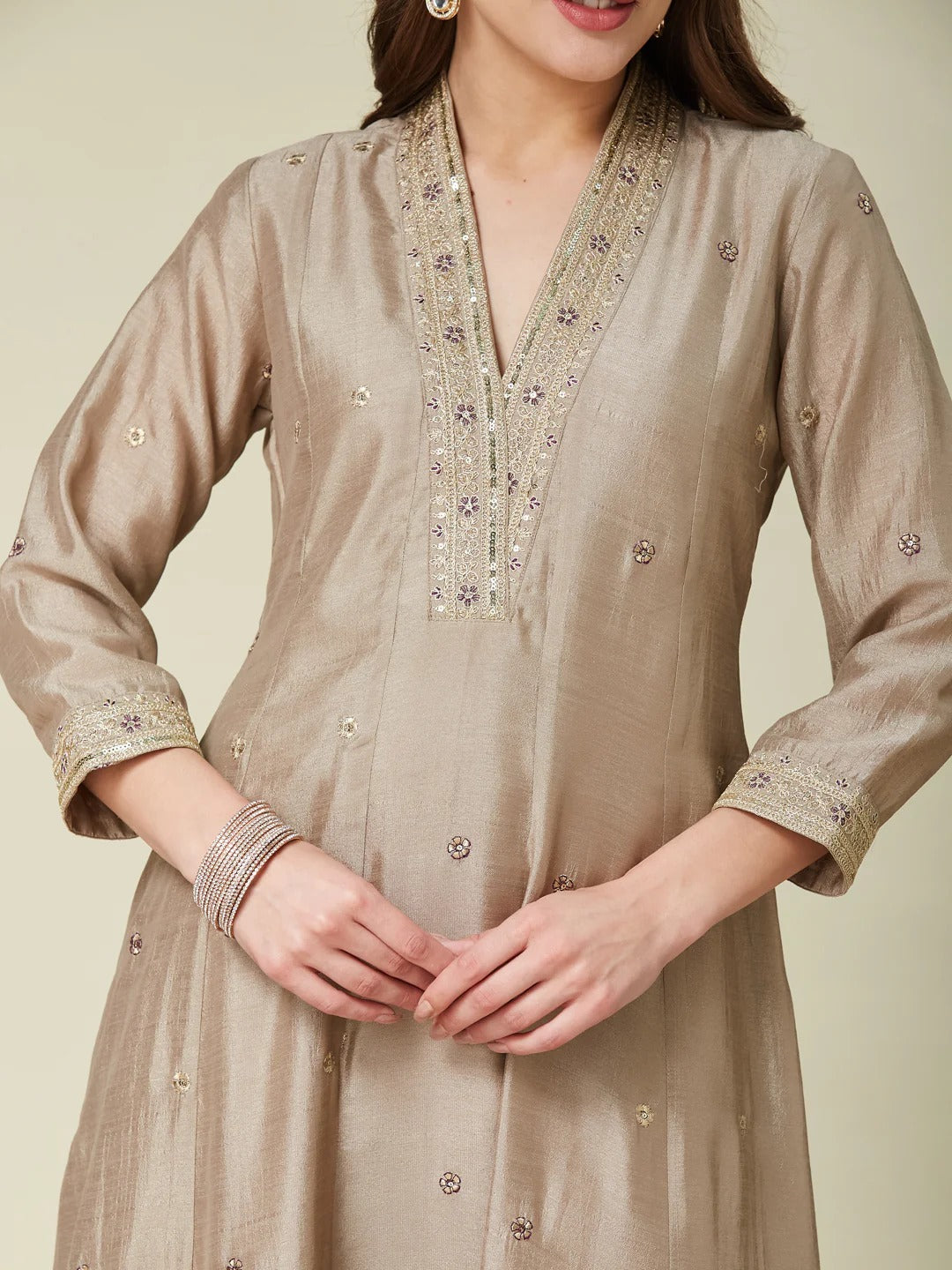 Splendorous Pale Brown Vichhitra Silk Embroidery Work Anarkali Suit Set