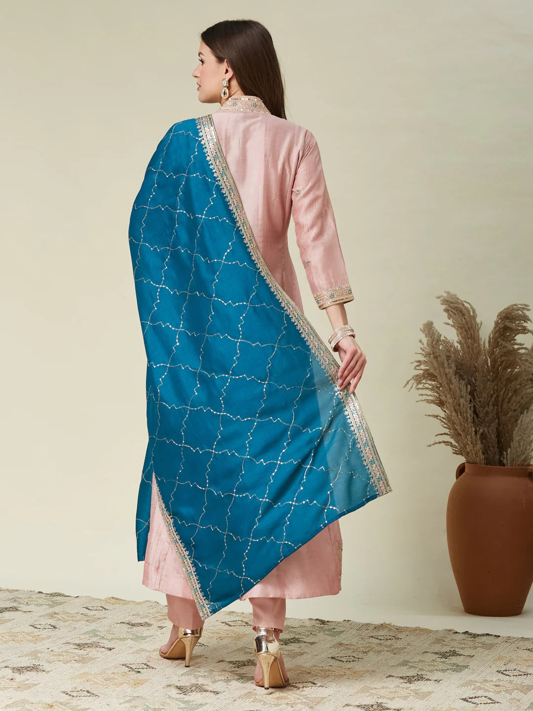 Desirable Baby Pink Vichhitra Silk Embroidery Work Anarkali Suit Set