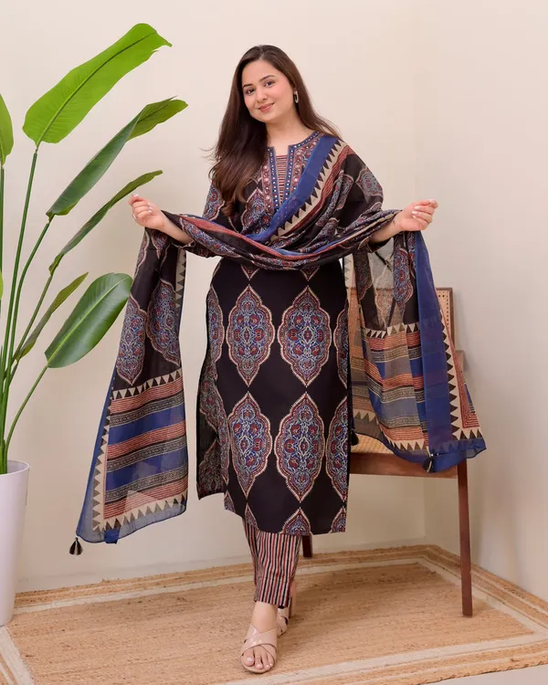 Fairytale Black Cotton Ajrakh Printed Suit Set