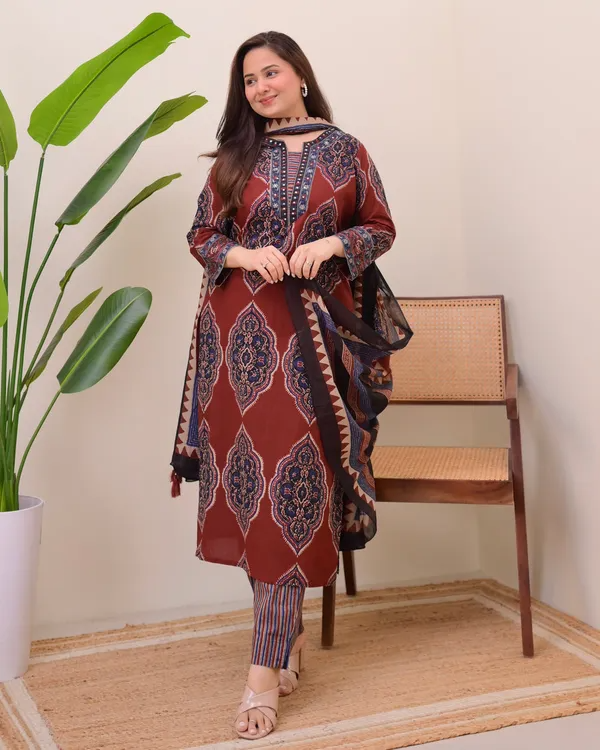 Flamboyant Maroon Cotton Ajrakh Printed Suit Set