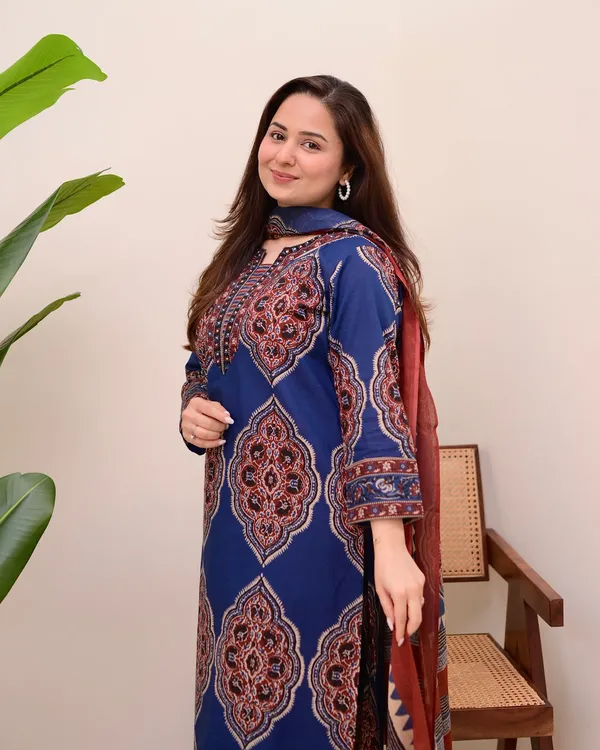 Deserving Royal Blue Cotton Ajrakh Printed Suit Set