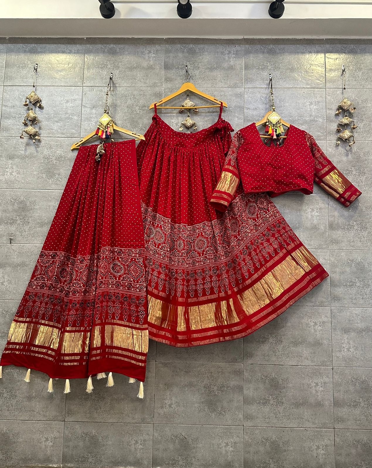 Glorious Red Ajrakh Hand Block Pure Modal Silk Lehenga Choli With Lagdi Patta
