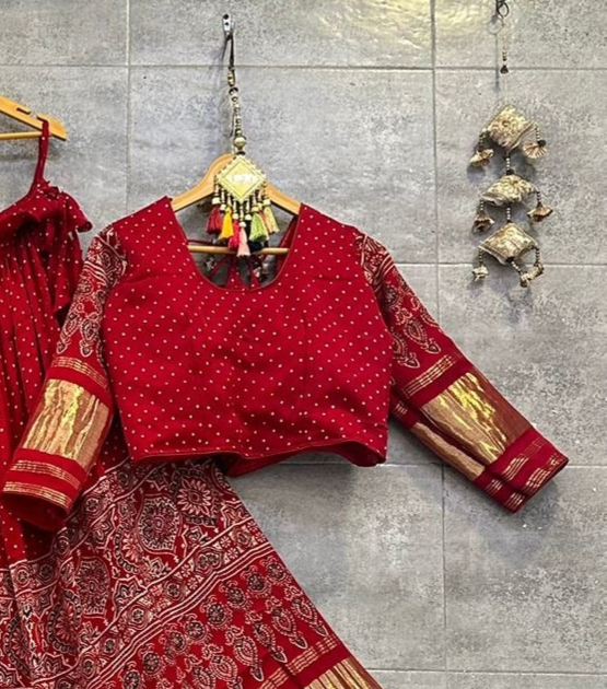 Glorious Red Ajrakh Hand Block Pure Modal Silk Lehenga Choli With Lagdi Patta