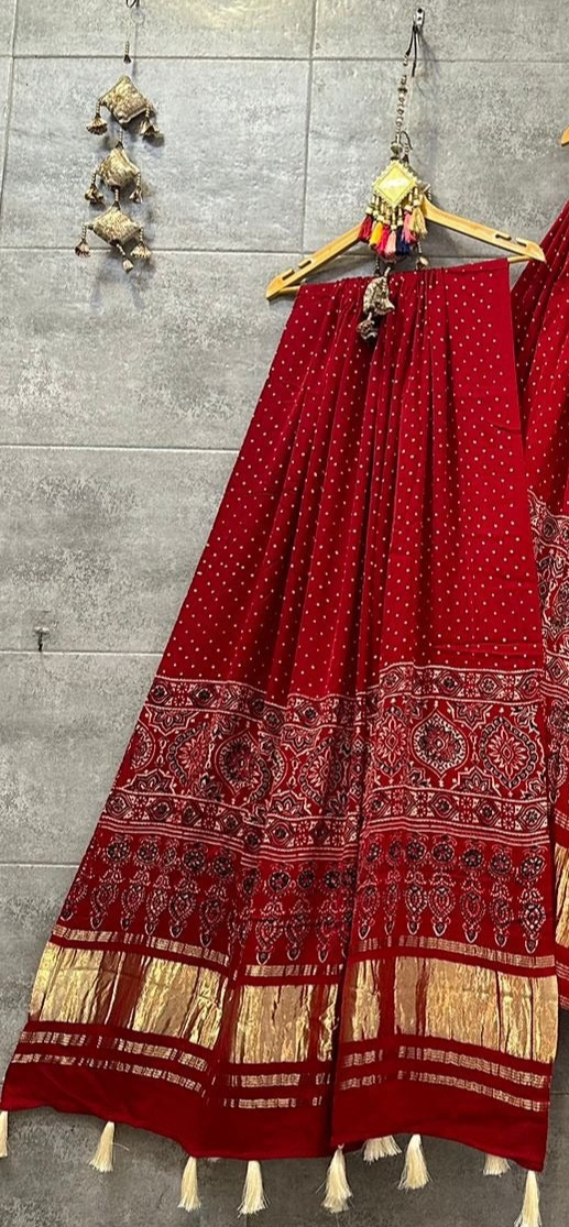 Glorious Red Ajrakh Hand Block Pure Modal Silk Lehenga Choli With Lagdi Patta