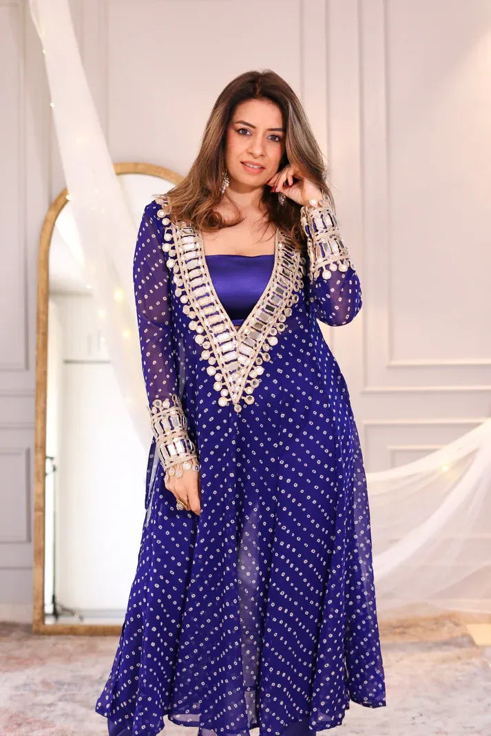 Royal Blue Georgette Bandhni Printed With Real Mirror Work Anarkali Suit Set
