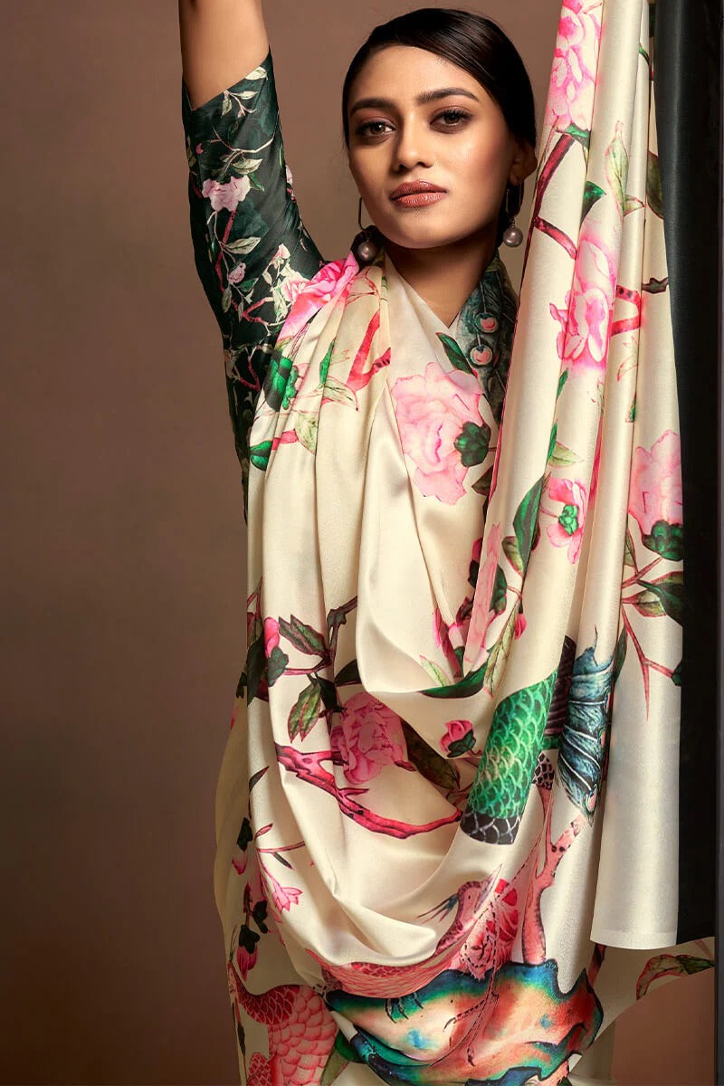 Bollywood Cream Soft Satin Silk Printed Saree