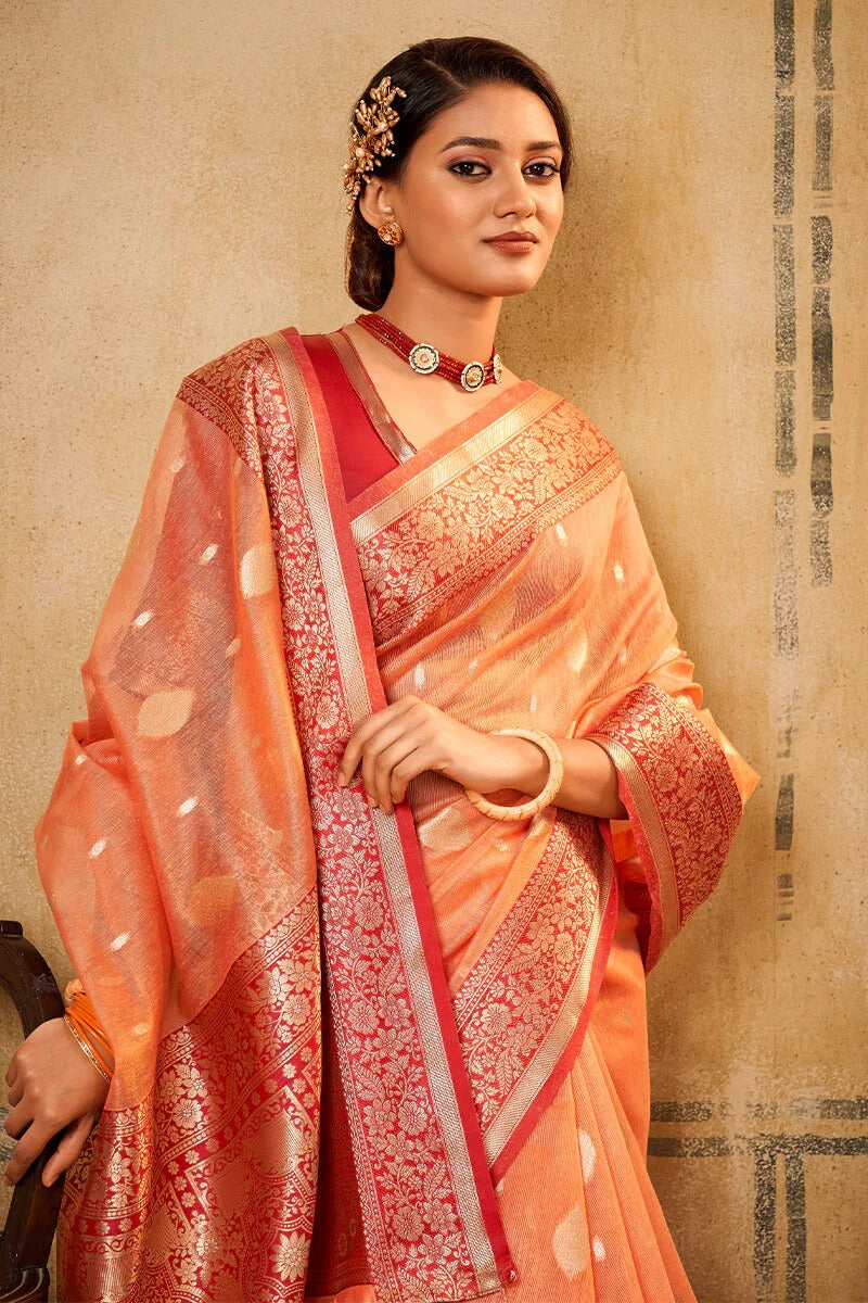 Petals Peach Banarasi Tissue Silk Weaving Saree