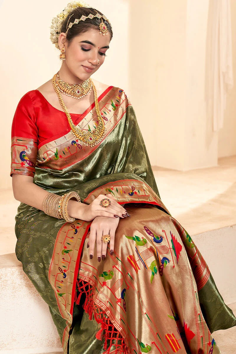 Mangalya Olive Brown Pure Paithani Tissue Silk Weaving Saree