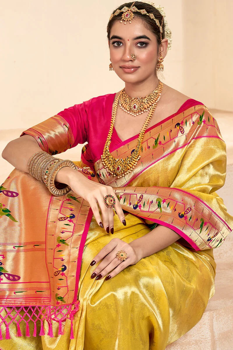 Mangalya Yellow Pure Paithani Tissue Silk Weaving Saree