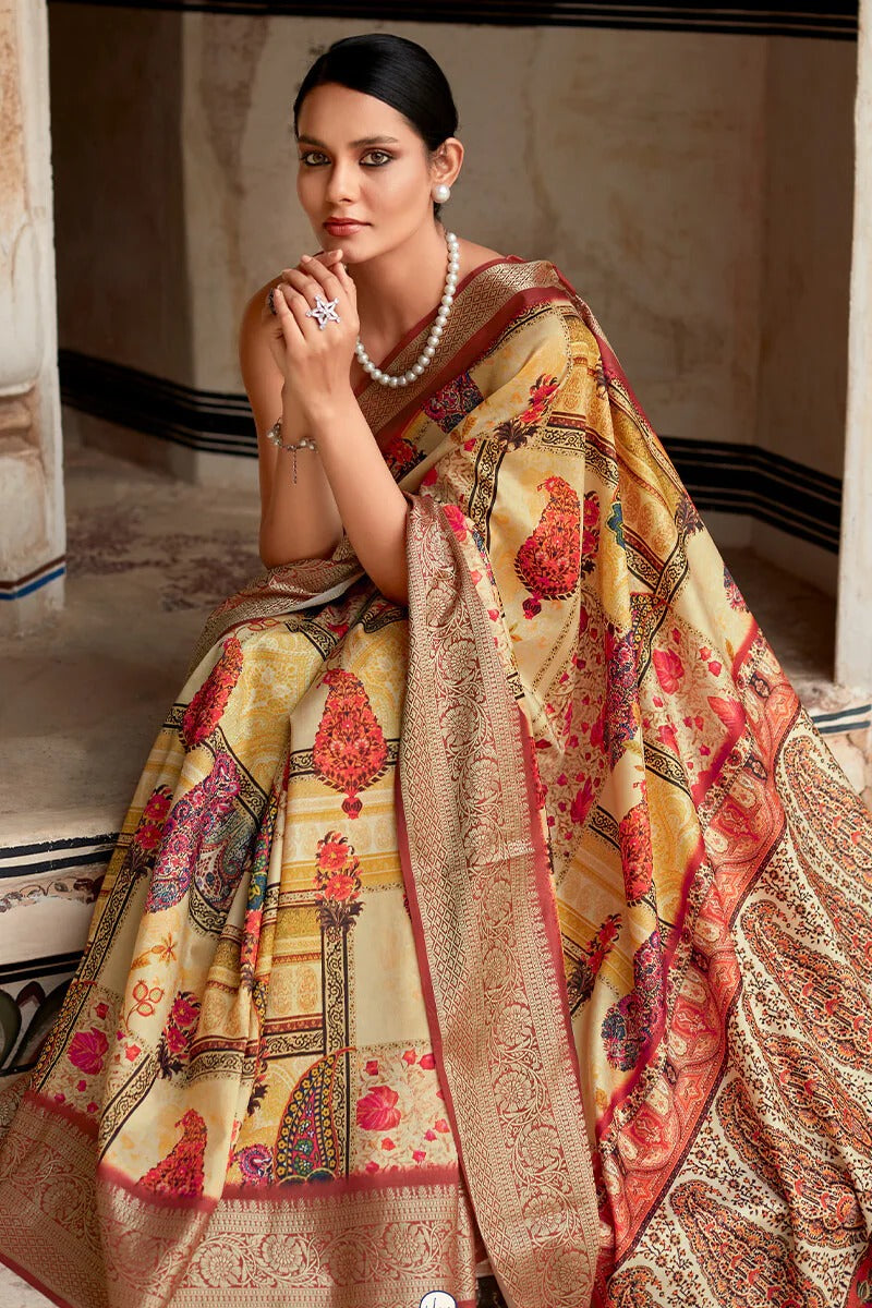 Saaria Yellow Dola Silk Printed Saree