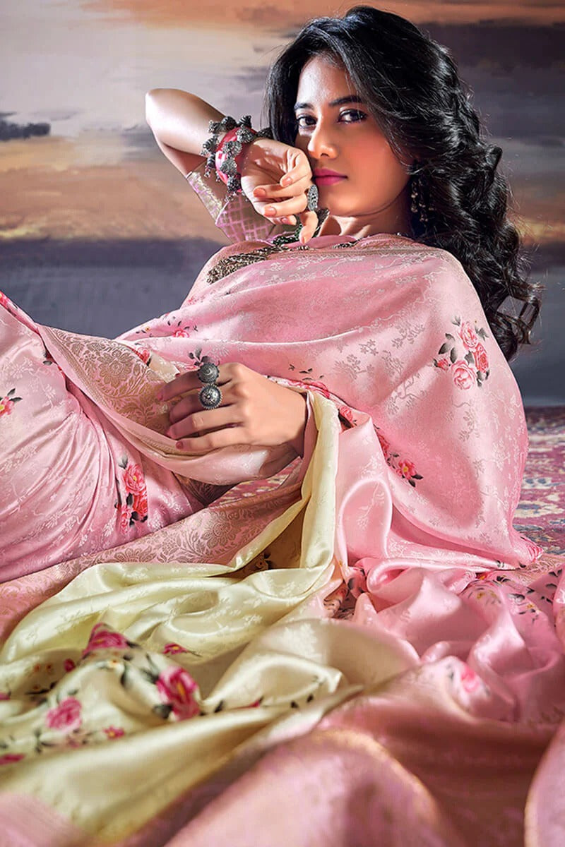 Pratishtha Petal Pink Pure Satin Silk Self Weaving Printed Saree