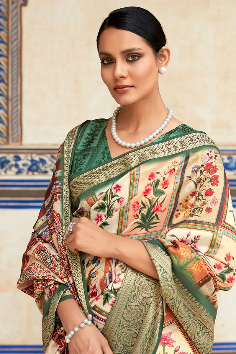 Saaria greenish Beige Dola Silk Printed Saree