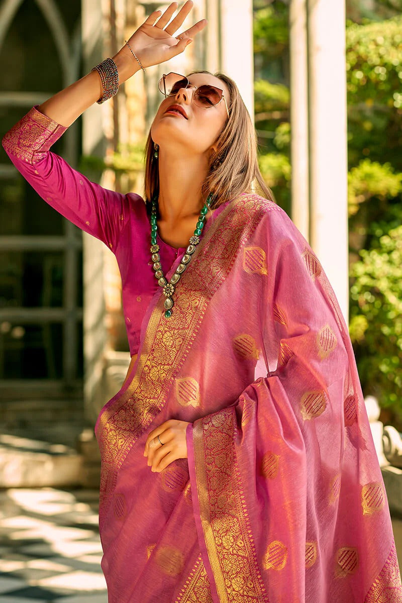 Zil Petal Pink Banarasi Soft Tissue Silk Weaving Saree