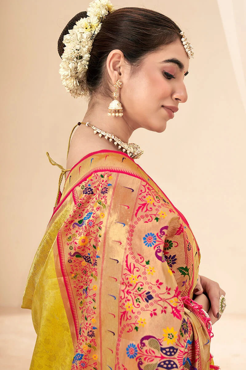 Lavnya Yellow Pure Paithani Tissue Silk Weaving Saree