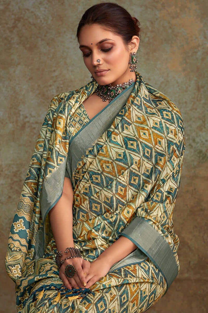 Ritika Pine Green Soft Silk Printed with Sequence Weaving Saree