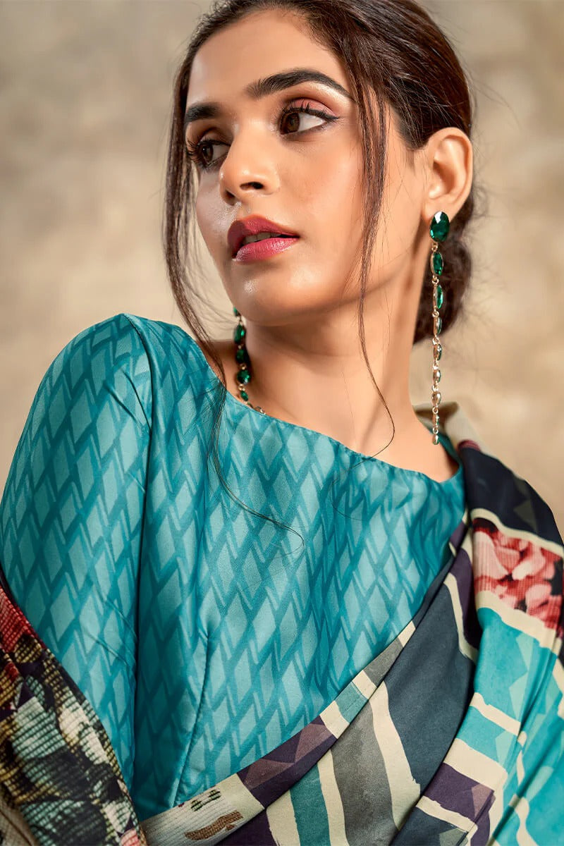 Jasmin Frost Blueish Beige Soft Satin Silk Printed Saree