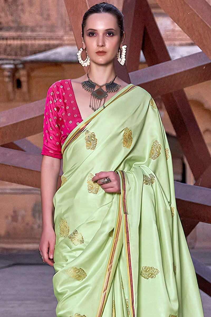 Neha Pista Green Banarasi Satin Silk Weaving Saree