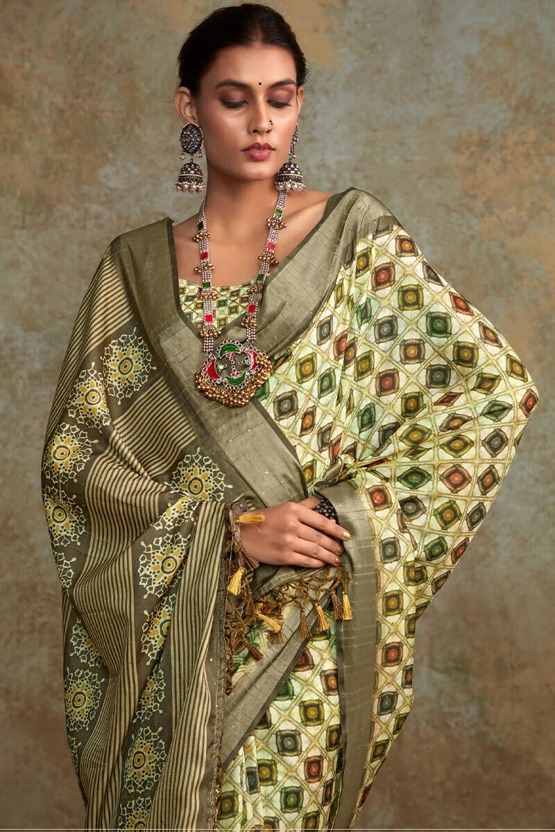 Ritika Mint green Soft Silk Printed with Sequence Weaving Saree
