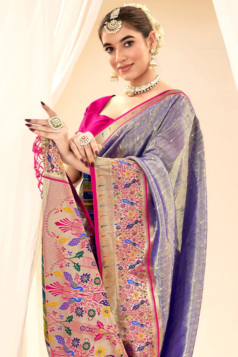 Lavnya Pewter Blue Pure Paithani Tissue Silk Weaving Saree