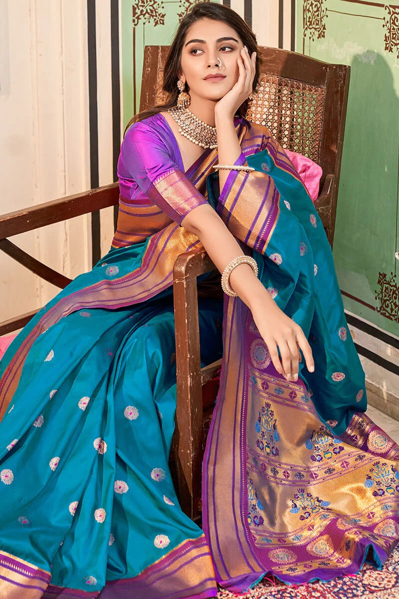 Apporva Sky Blue Pure Soft Paithani Silk Weaving Saree