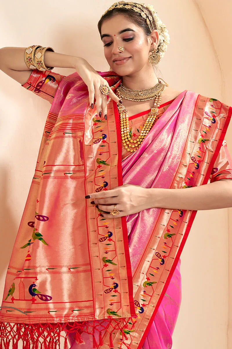 Mangalya Pink Pure Paithani Tissue Silk Weaving Saree