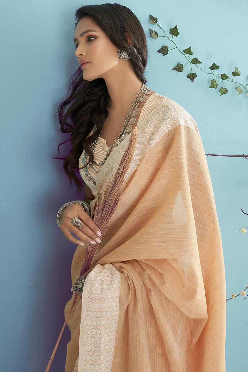 Aarzoo Beige Chikankari Linen Silk Weaved Saree