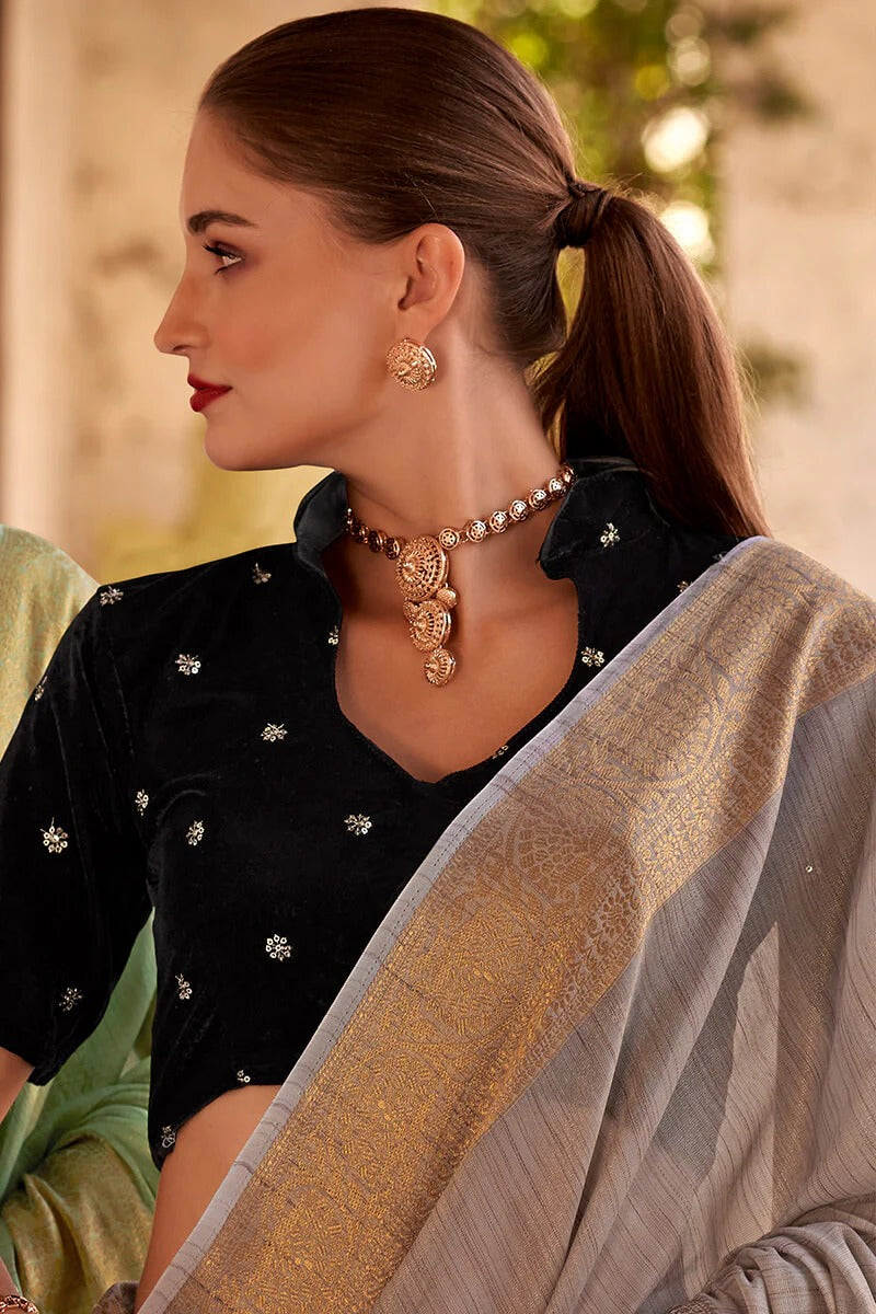 Rupa Mink Grey Tissue Linen Silk Woven Saree