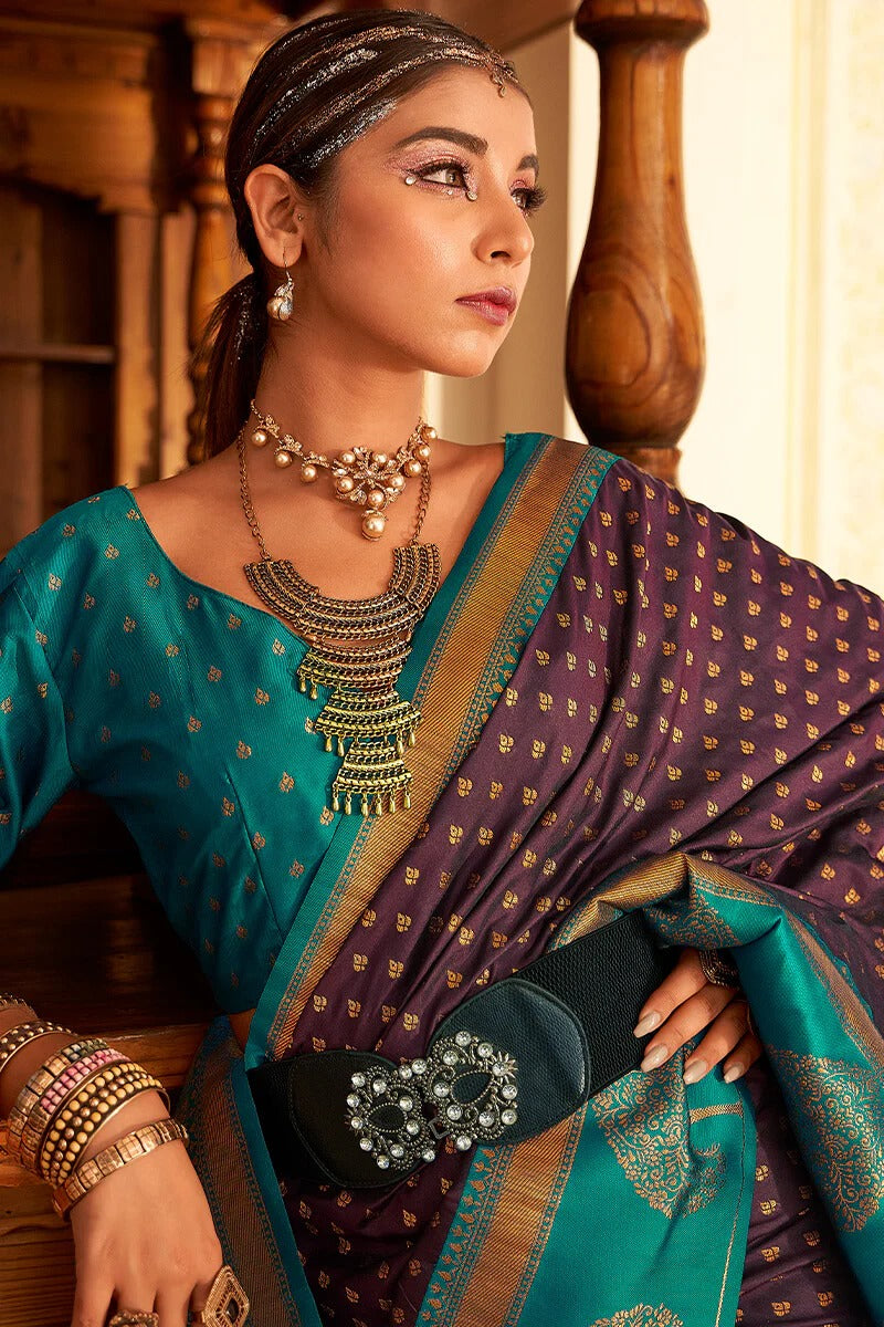 Vrishbha Plum Brown Soft Banarasi Silk Zari Weaving Saree