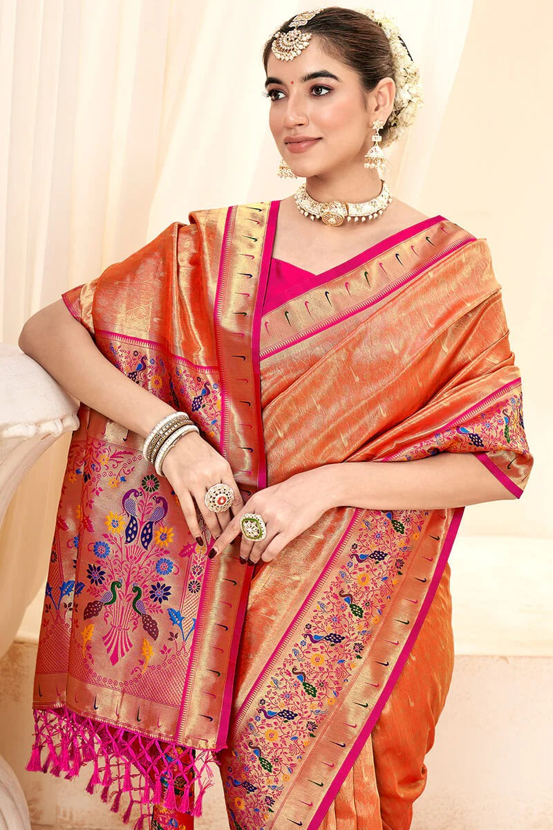 Lavnya Orange Pure Paithani Tissue Silk Weaving Saree