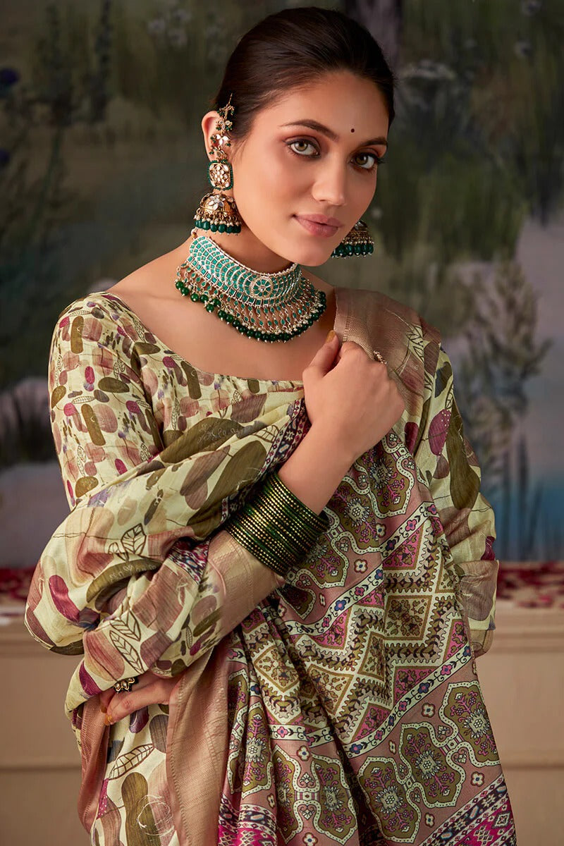 Shimoni Moss Green Tussar Silk Printed Saree