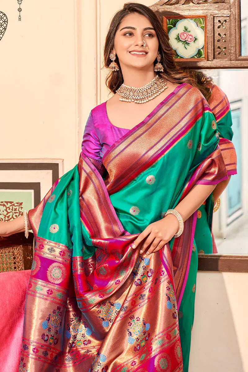 Apporva Teal Pure Soft Paithani Silk Weaving Saree