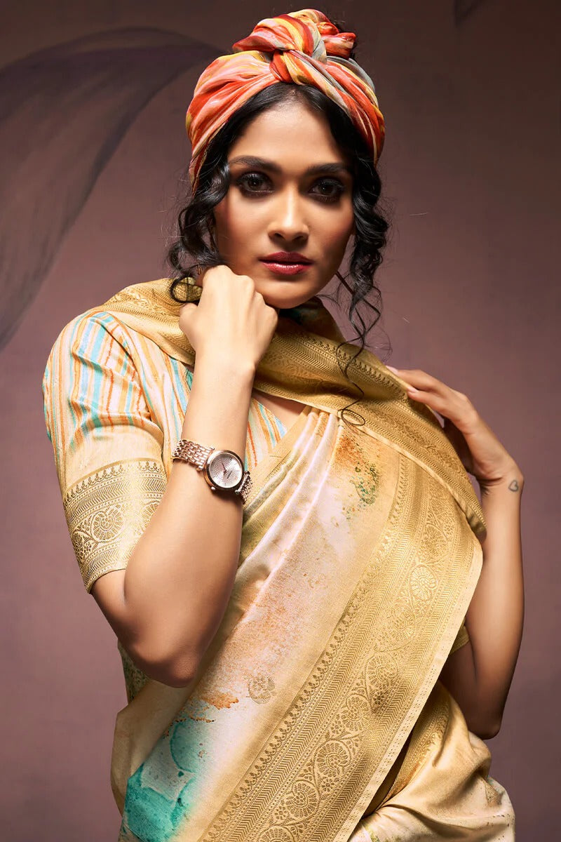 Rangrezza Beige Soft Silk Printed Saree
