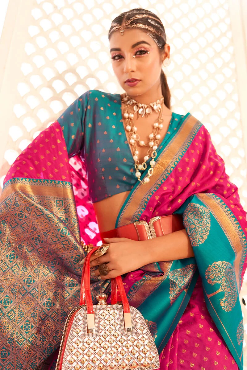 Vrishbha Cherry Pink Soft Banarasi Silk Zari Weaving Saree